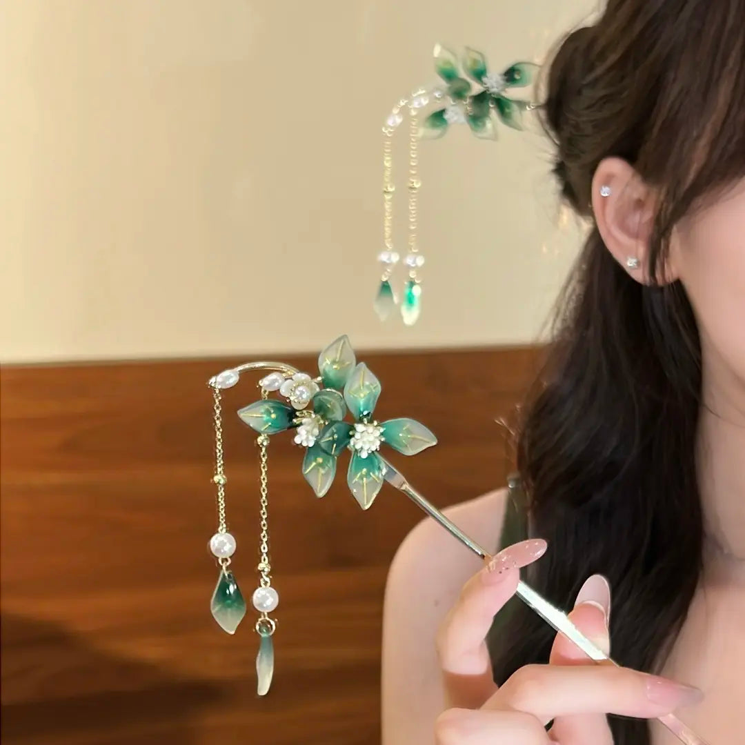 Elegant New Chinese Style Matte Jade Green Floral Tassel Hairpin – Traditional Ancient Feng