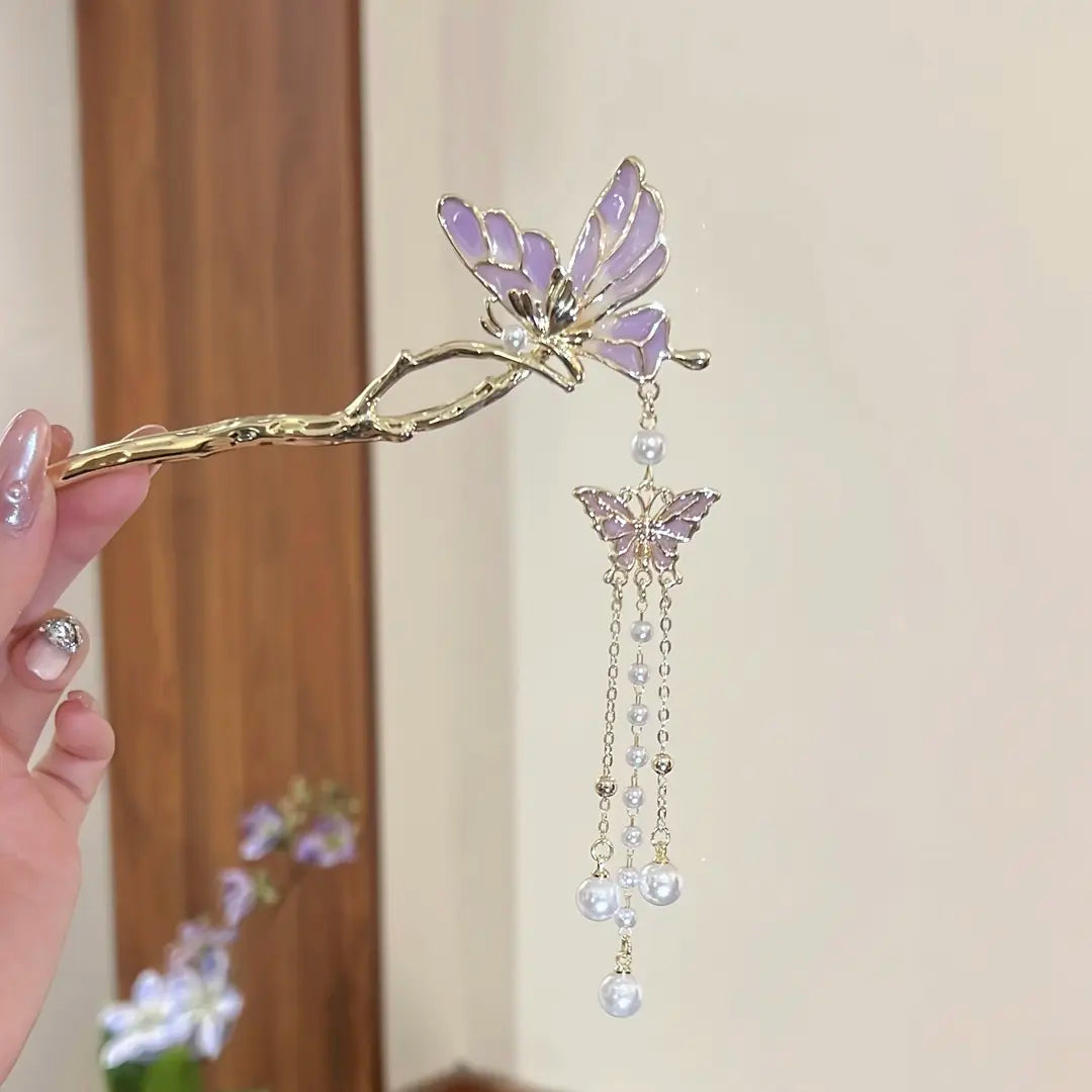 Elegant Chinese Hairpin – Smoky Purple Butterfly Beaded Tassel | New Oriental Style Hanfu Accessories