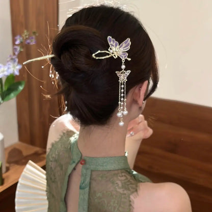 Elegante chinesische Haarnadel – Rauchviolette Schmetterling Perlenquaste | Hanfu Accessoires im Neuen Orientalischen Stil
