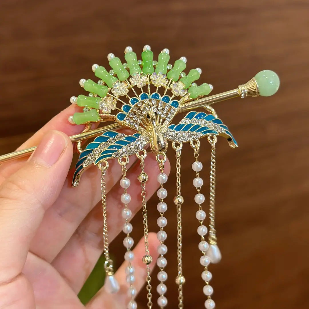 New Chinese Style Green Peacock Hairpin Set – Elegant Hanfu Hair Accessories with Tassels