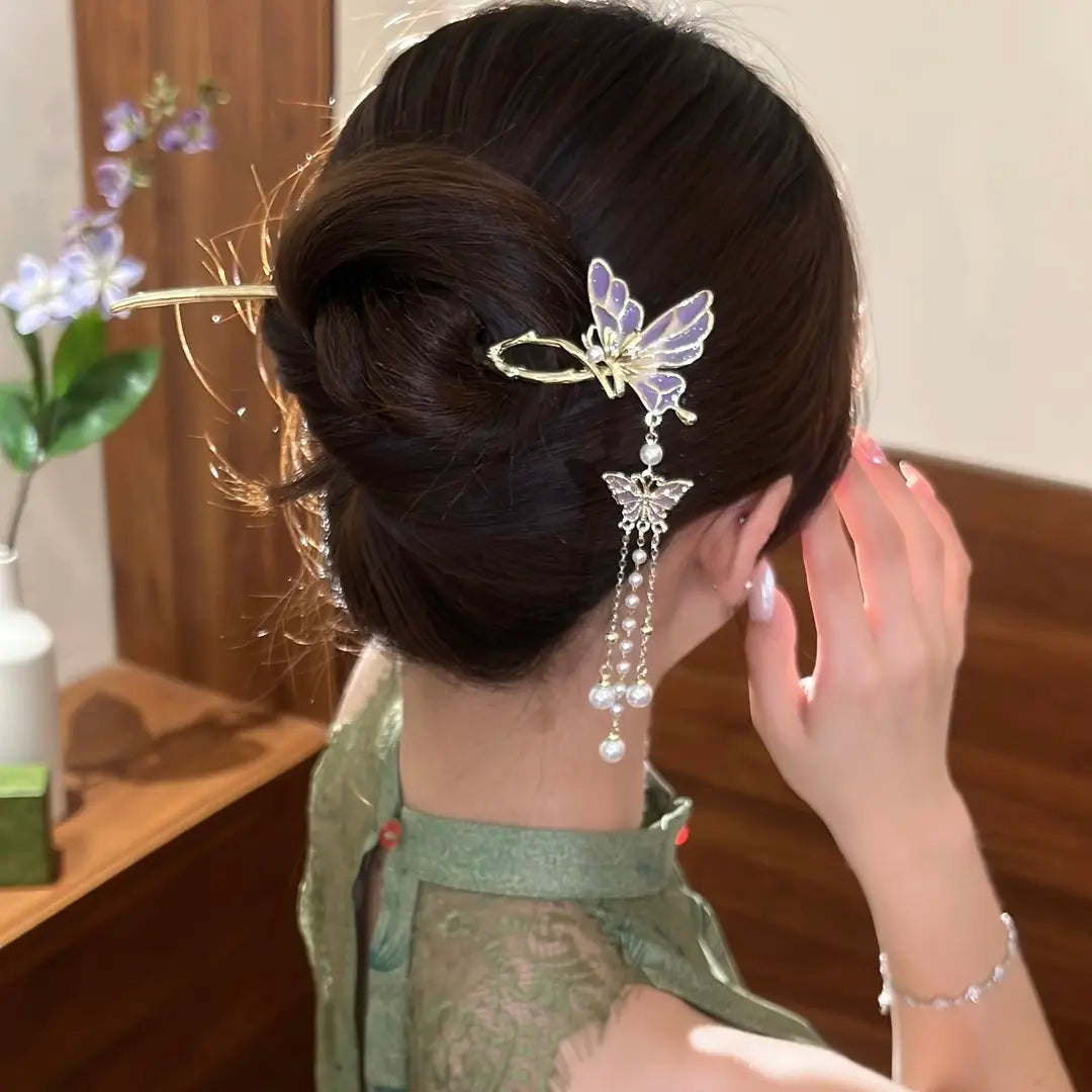 Elegant Chinese Hairpin – Smoky Purple Butterfly Beaded Tassel | New Oriental Style Hanfu Accessories