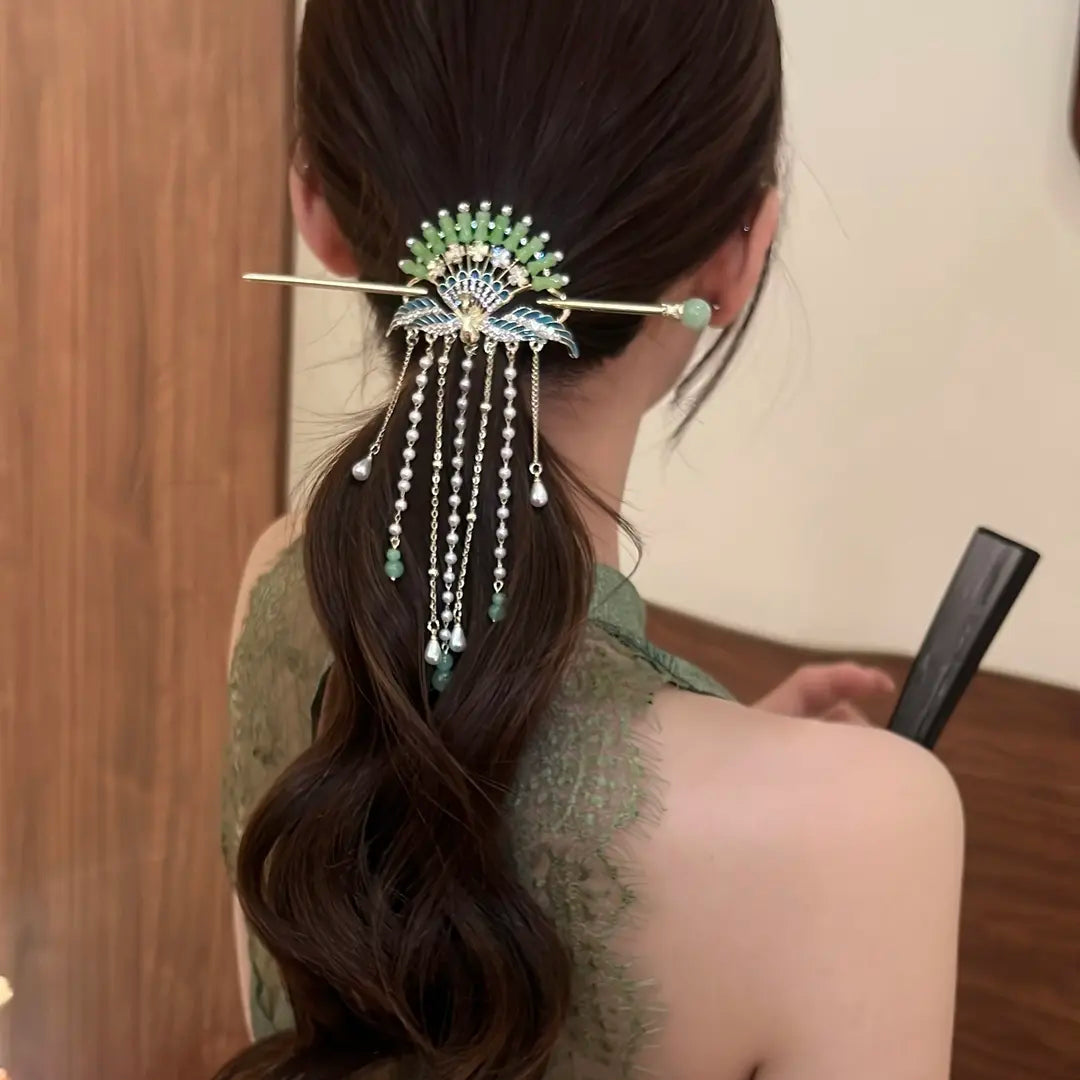 New Chinese Style Green Peacock Hairpin Set – Elegant Hanfu Hair Accessories with Tassels