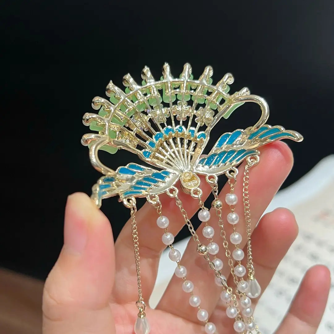 New Chinese Style Green Peacock Hairpin Set – Elegant Hanfu Hair Accessories with Tassels