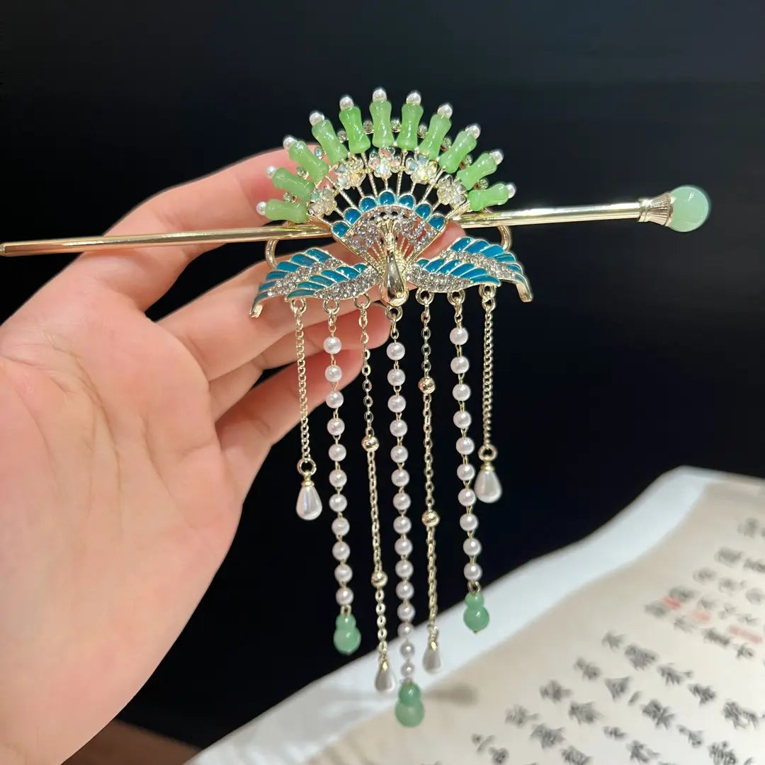 New Chinese Style Green Peacock Hairpin Set – Elegant Hanfu Hair Accessories with Tassels