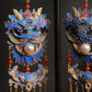 Detailed view of the lion mask and layered tassel design