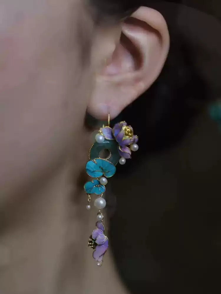 Lotus drop earrings shown worn