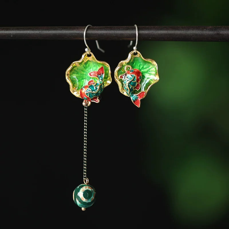 Green koi earrings with silver-tone 925 hook option