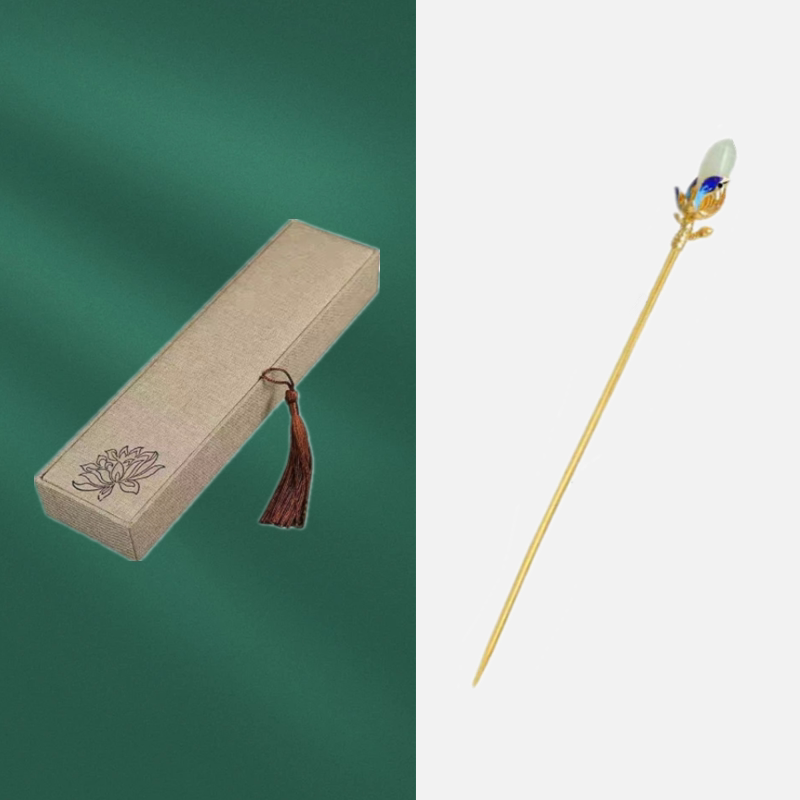 Gold-tone magnolia hairpin with the gray traditional gift box