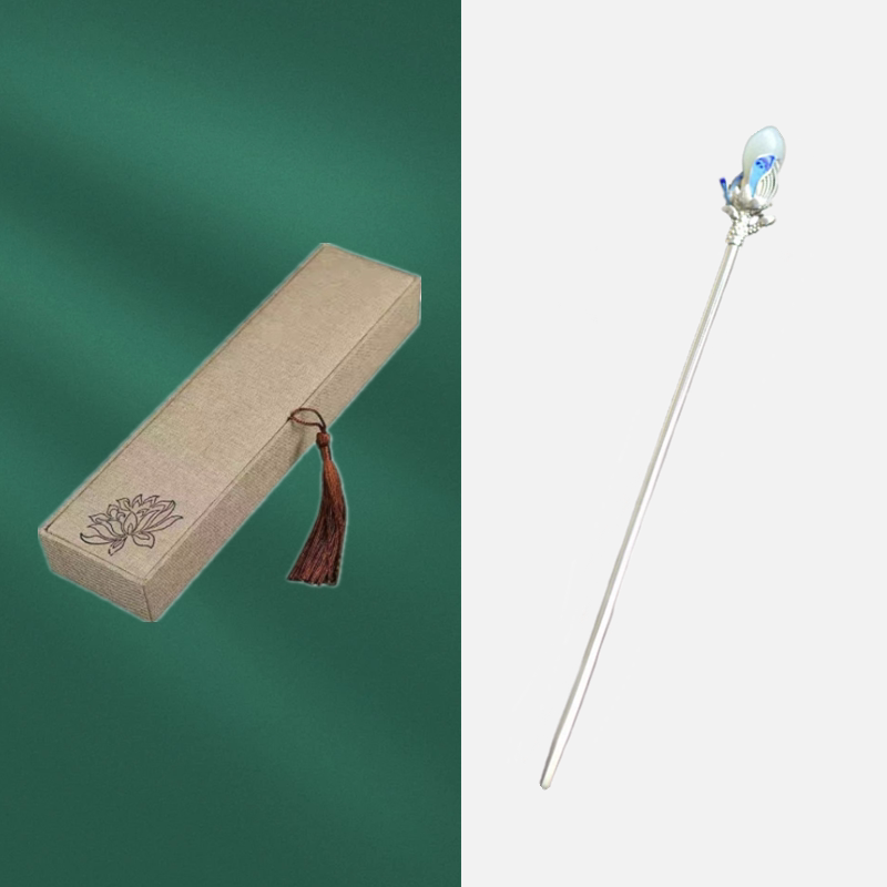 Silver-tone magnolia hairpin with the gray traditional gift box