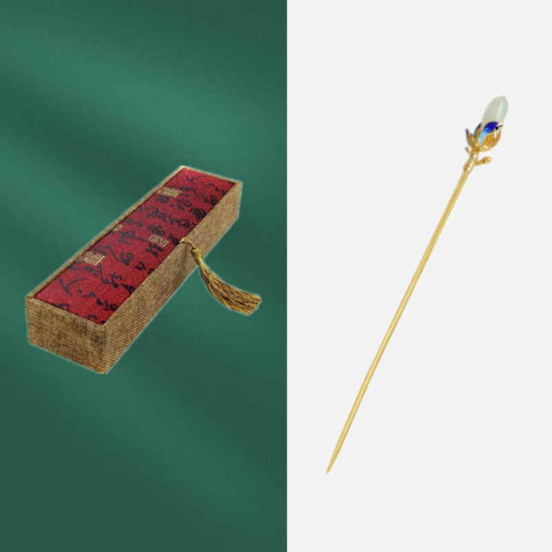 Gold-tone magnolia hairpin with the red traditional gift box