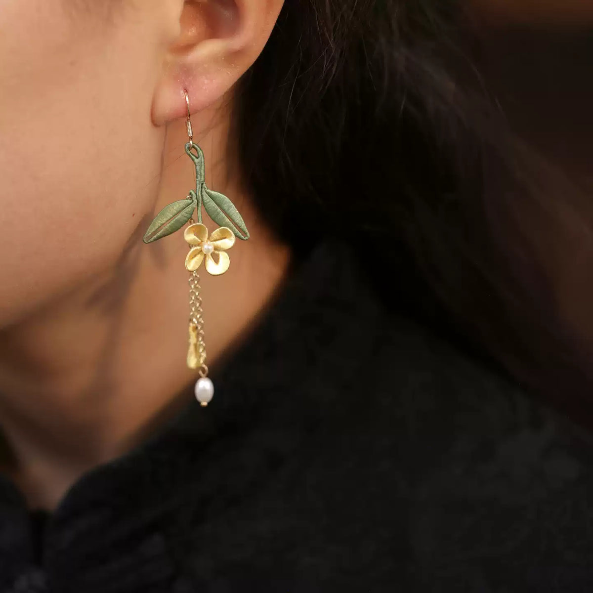 Yellow floral leaf tassel earrings, alternate product view