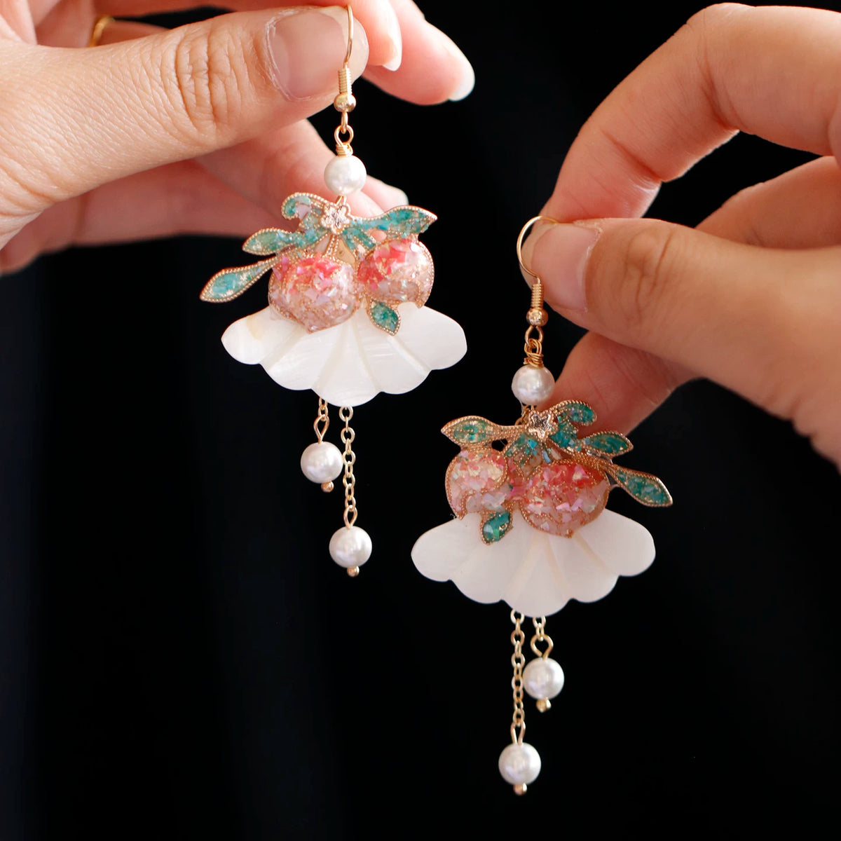 Peach tassel earrings with shell detail, style option