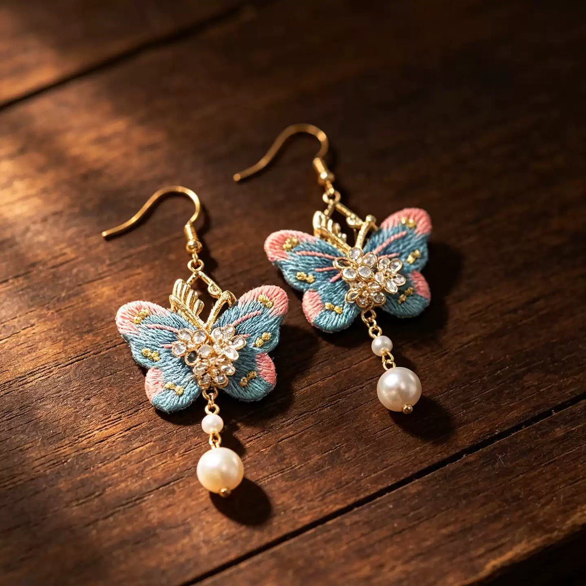 Pink and blue butterfly tassel earrings on a wood surface