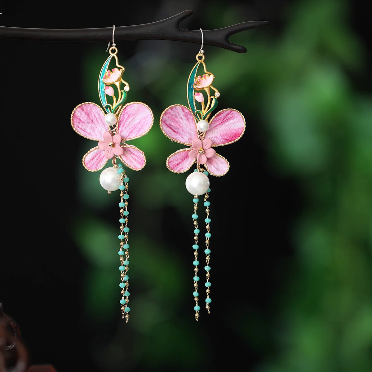 Pink butterfly floral dangle earrings with 925 sterling silver hooks