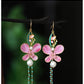 Close-up of the pink butterfly and floral earring design