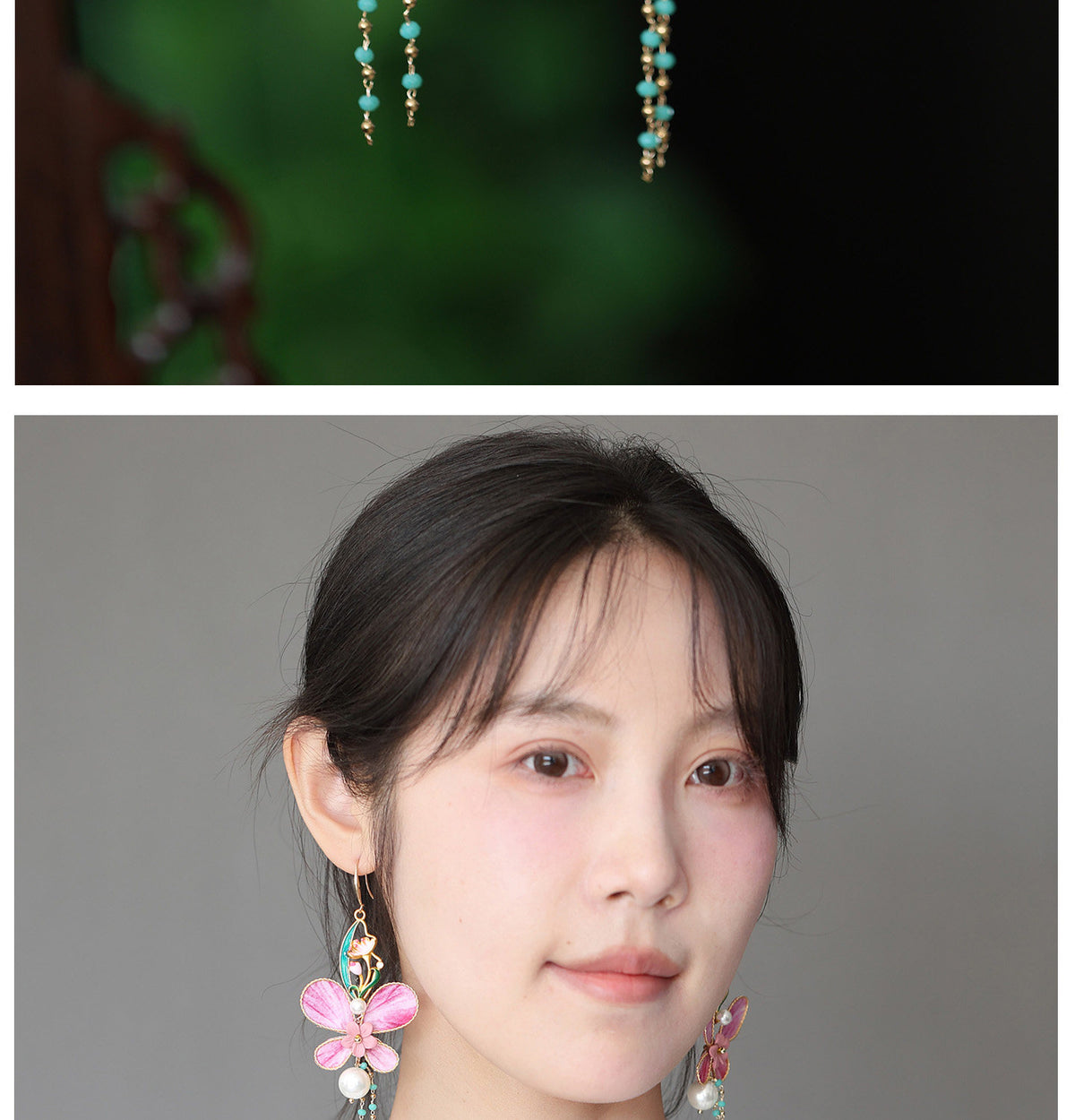 Editorial detail showing the earring design and styling