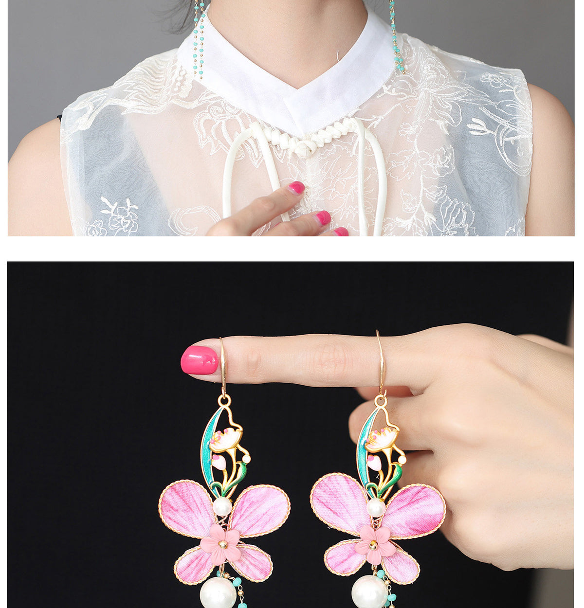 Pink butterfly earrings shown worn and in a close-up view