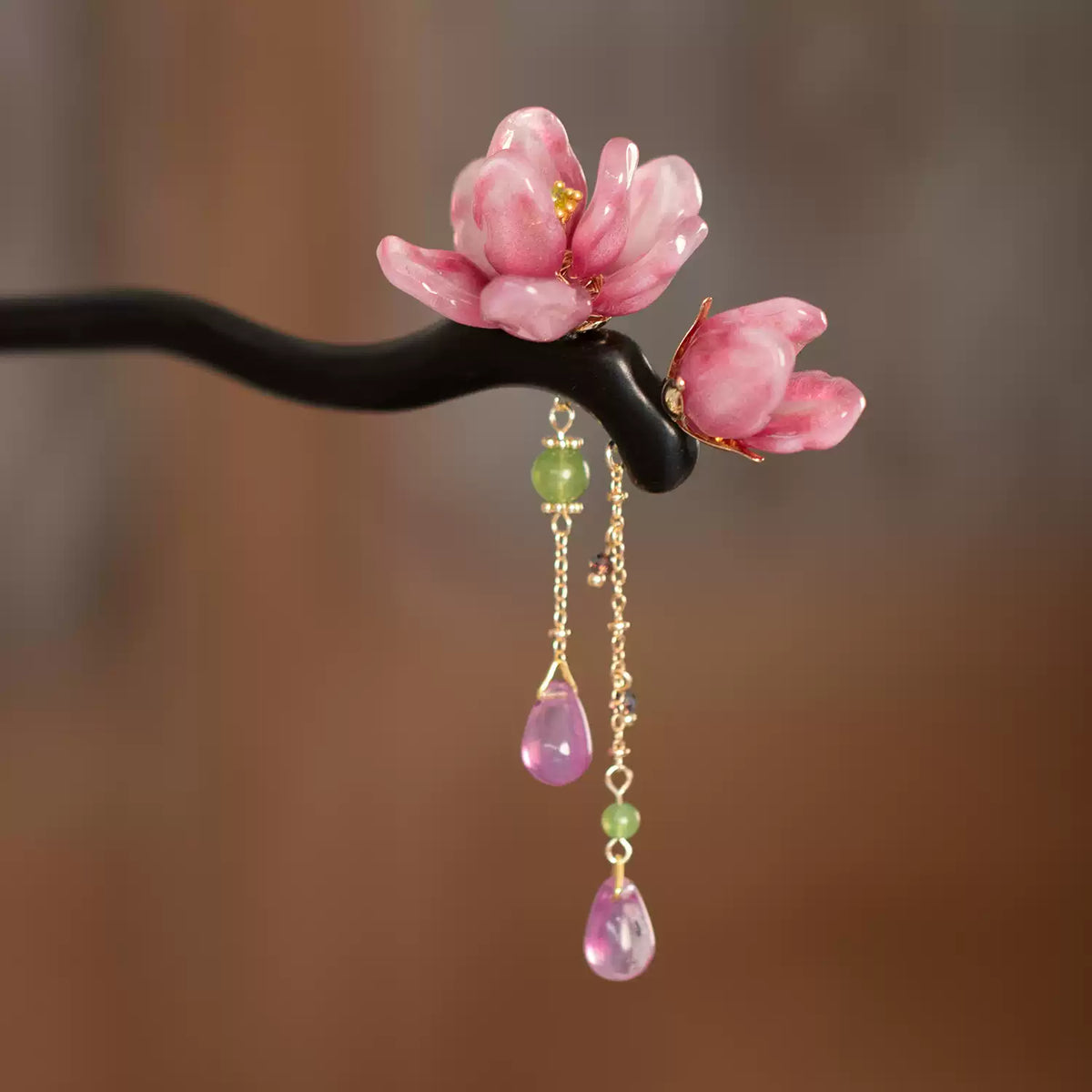 Pink carved floral wood hairpin with dangling purple drops and green beads