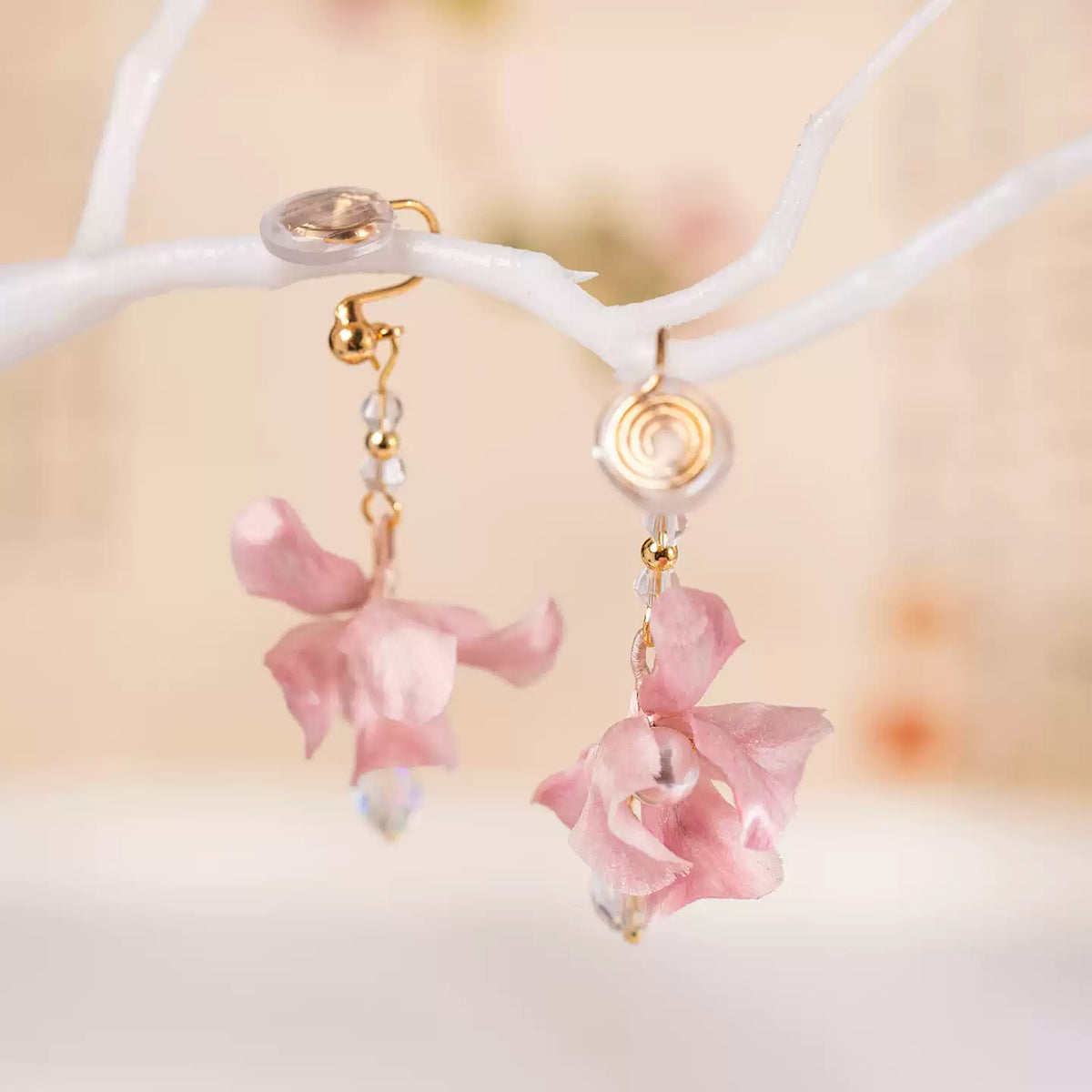 Back and fastening detail of the pink iris earrings