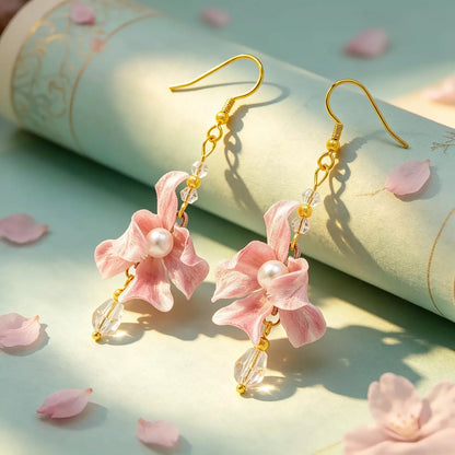 Pink iris velvet flower drop earrings with gold-tone hooks and faceted drops