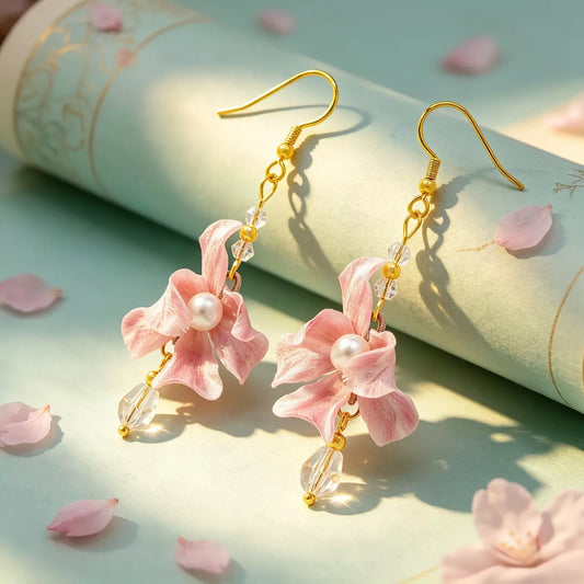 Pink iris velvet flower drop earrings with gold-tone hooks and faceted drops