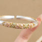 Pink peony open cuff bangle with silver and enamel floral detailing