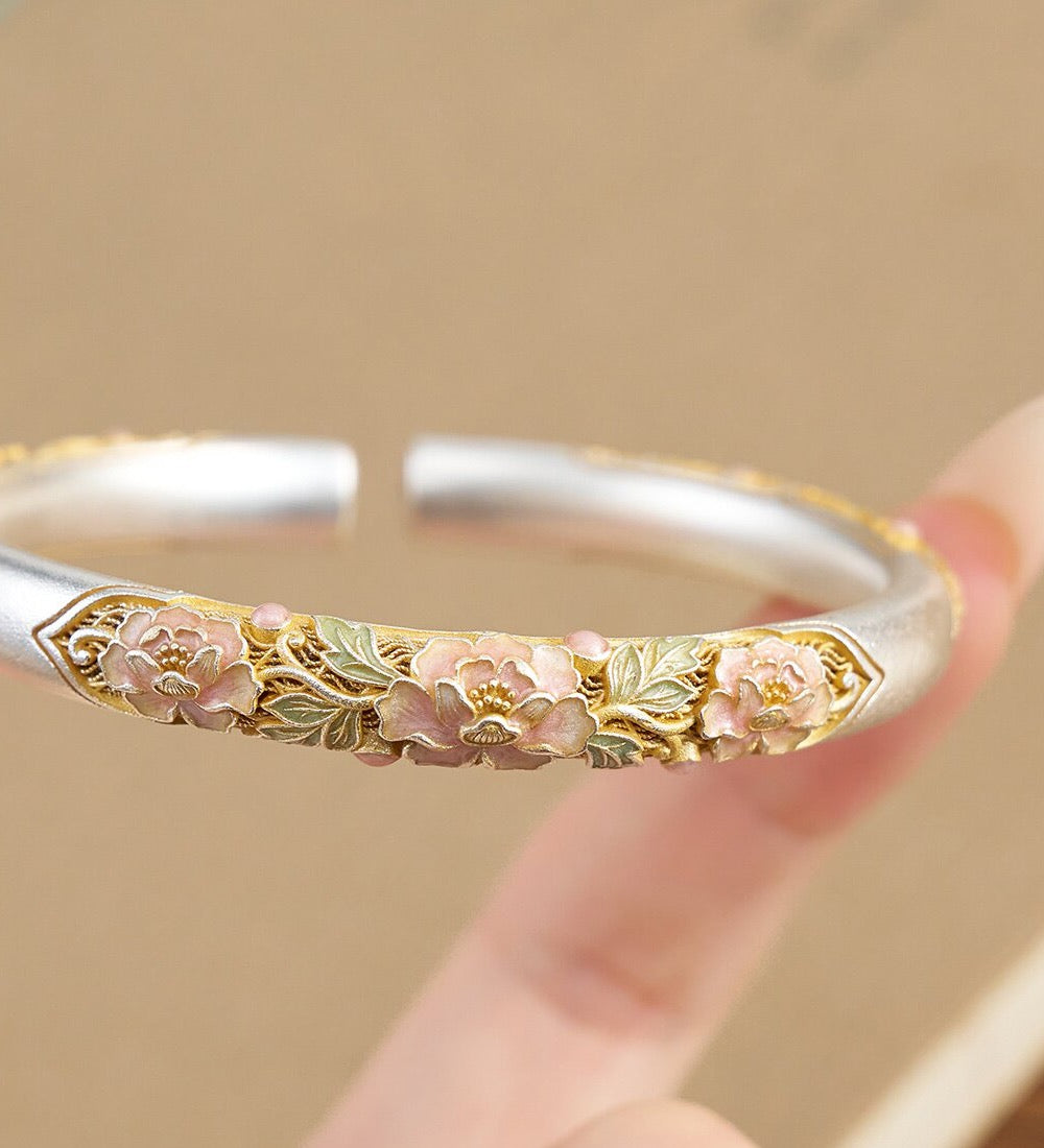 Pink peony open cuff bangle with silver and enamel floral detailing