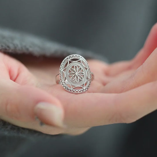 Product video showing the adjustable silver-tone openwork floral ring
