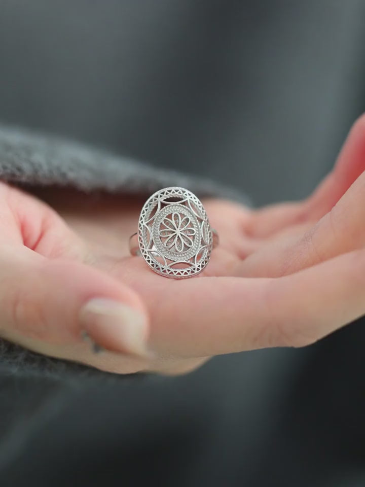 Product video showing the adjustable silver-tone openwork floral ring