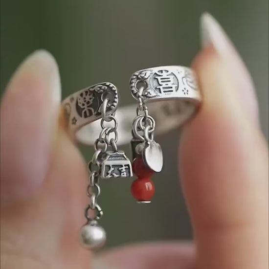 Product video: adjustable Chinese inscription ring with red bead charms