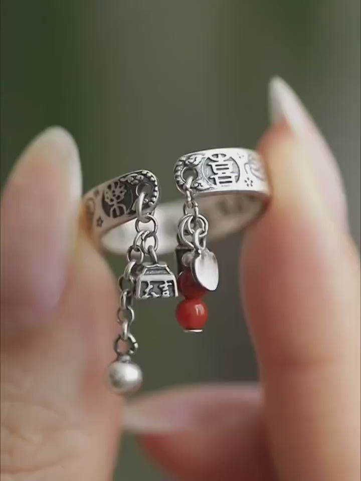 Product video: adjustable Chinese inscription ring with red bead charms