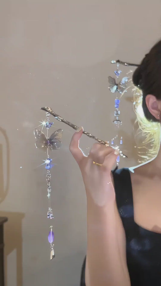 Elegant 3D Butterfly Tassel Hairpin – Detachable Tassels | Modern Metal & Classic Chinese Style | Cool Summer Feng Shui Accessory