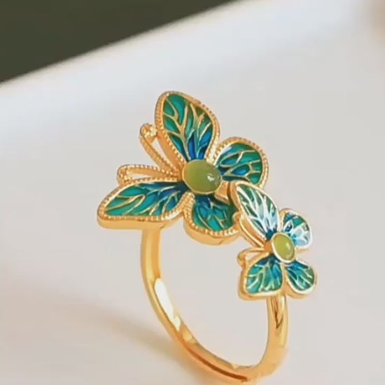 Adjustable Double Butterfly Ring with Green Details