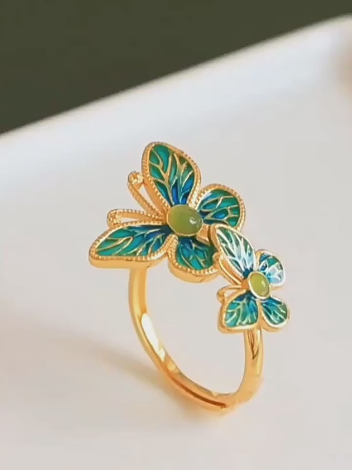 Adjustable Double Butterfly Ring with Green Details