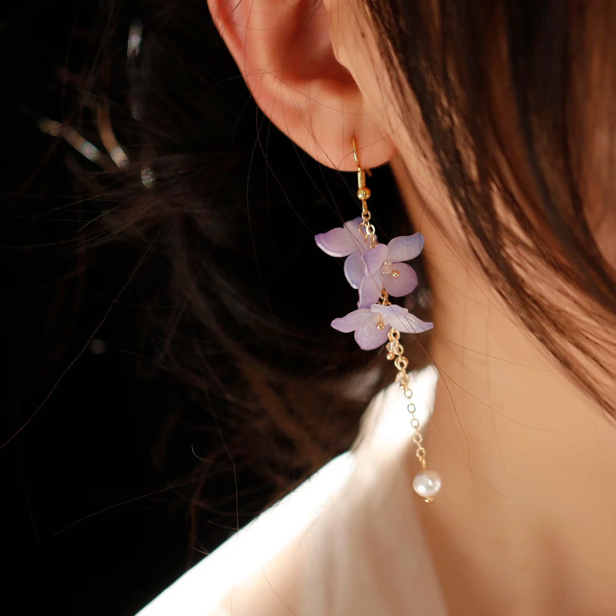 Purple hydrangea long drop earrings, front view
