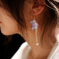 Purple hydrangea earrings worn, close-up view