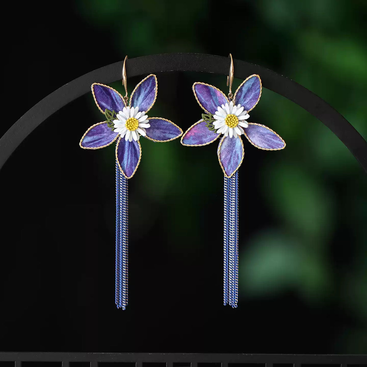 Purple floral earrings with gold-tone copper hooks