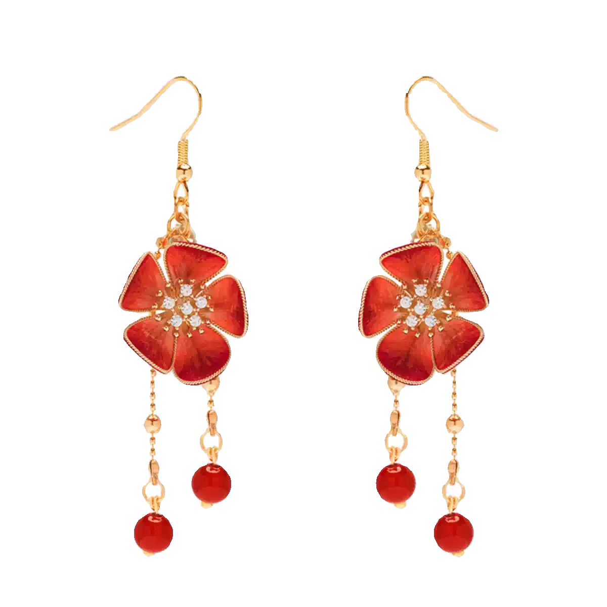 Pair of red plum blossom pierced drop earrings with bead tassels
