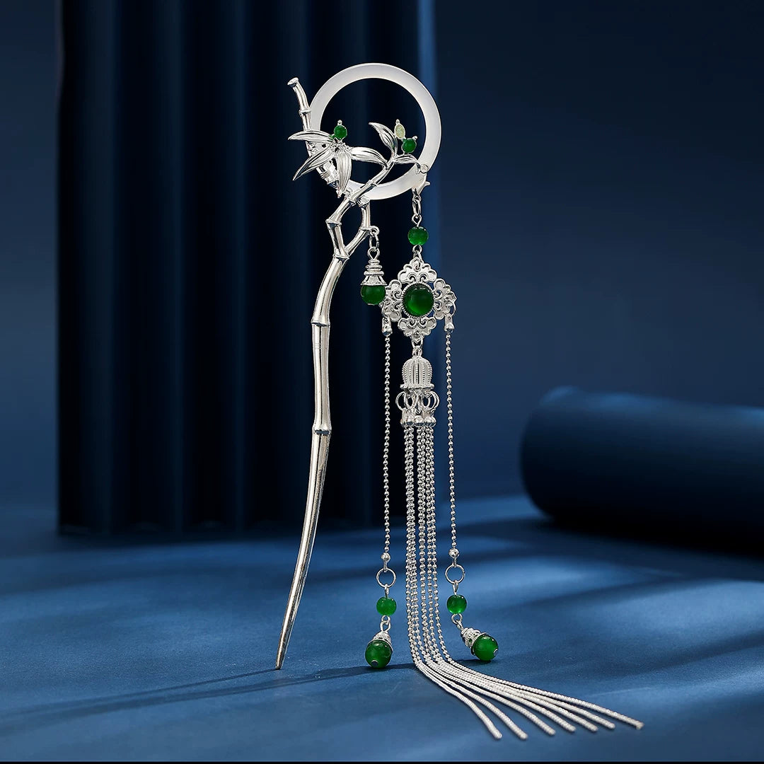 Silver bamboo and orchid tassel hairpin with green beads
