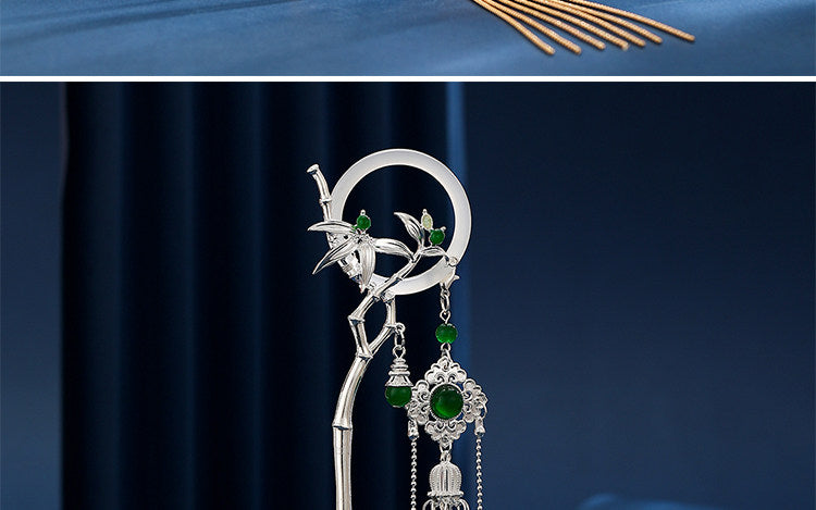 Silver bamboo orchid hairpin top detail with green beads