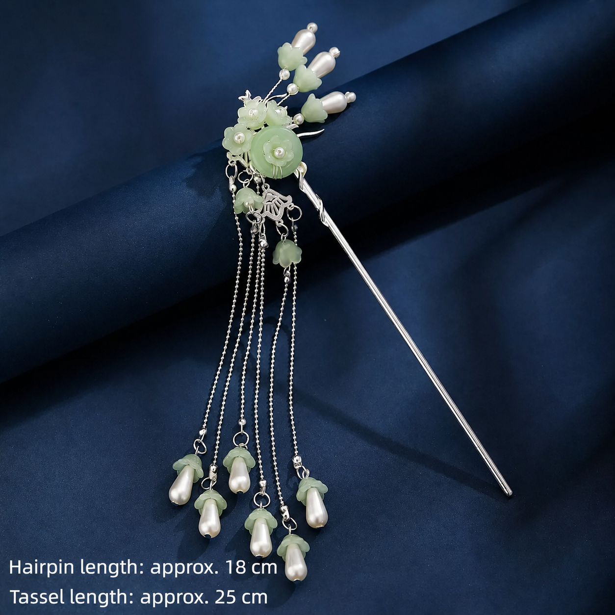 Silver floral tassel hairpin with pale green ornaments and English dimensions