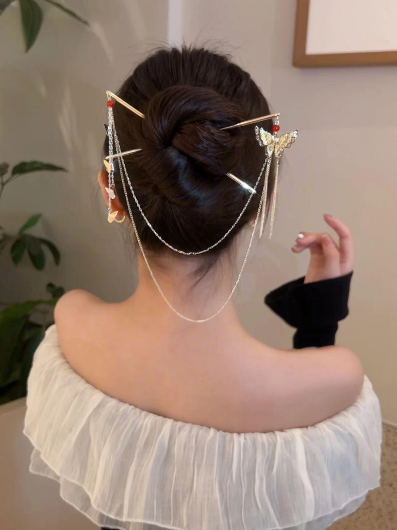New Chinese Style Double Hairpin with Butterfly Tassels – Elegant Hanfu Hair Jewelry