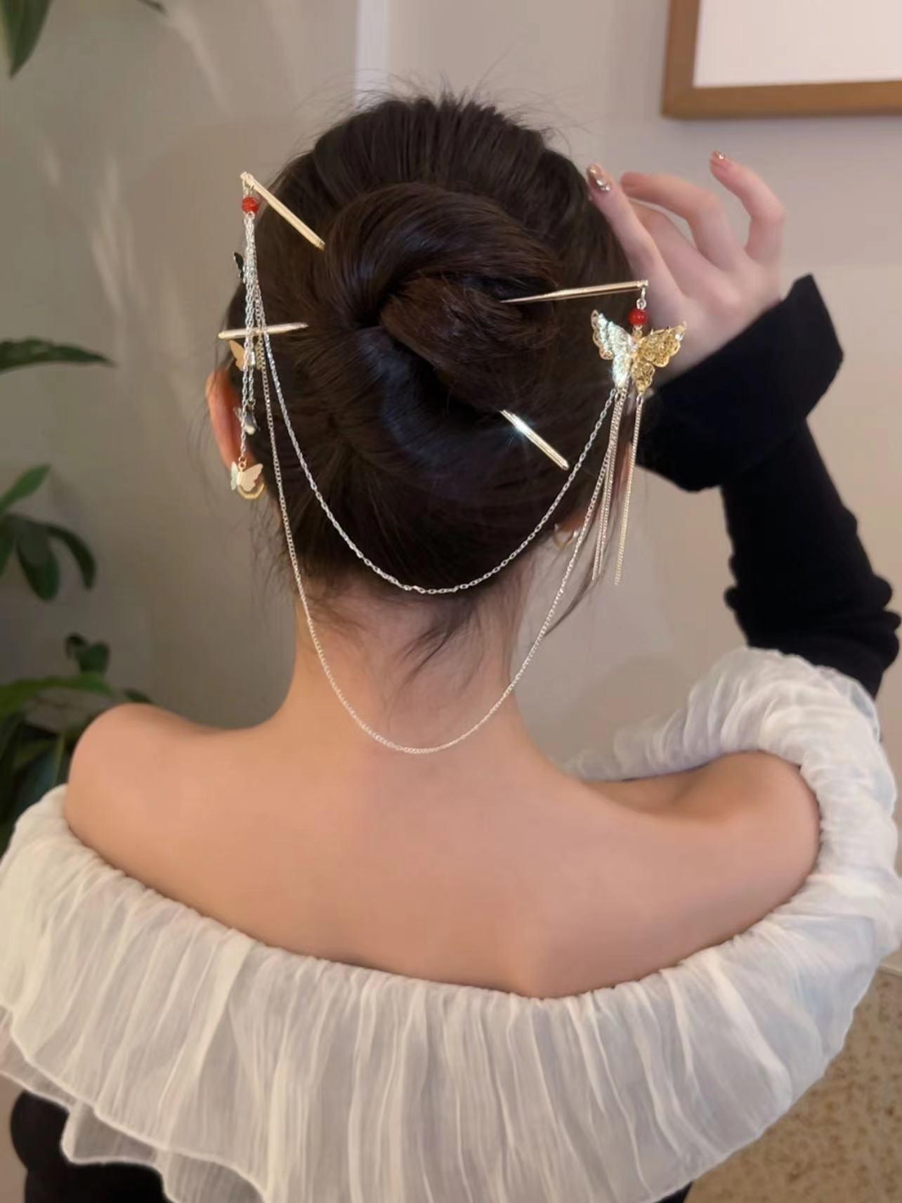 New Chinese Style Double Hairpin with Butterfly Tassels – Elegant Hanfu Hair Jewelry