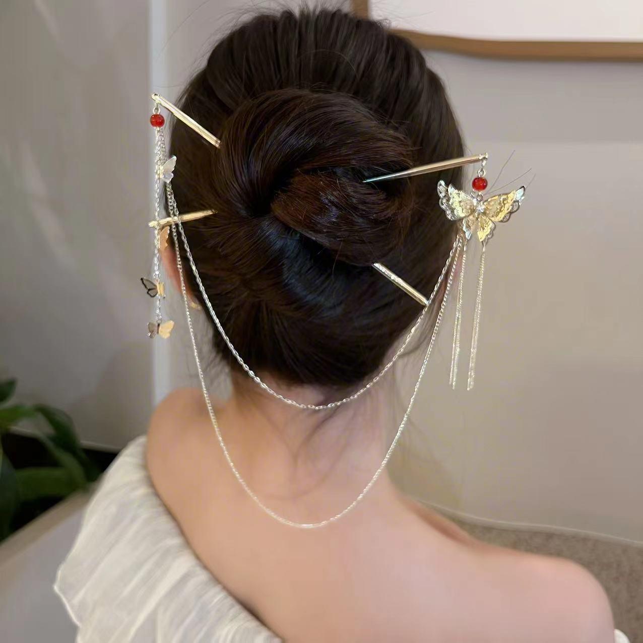 New Chinese Style Double Hairpin with Butterfly Tassels – Elegant Hanfu Hair Jewelry