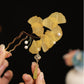 Yellow ginkgo leaf U shaped hairpin with faux pearl and removable tassel