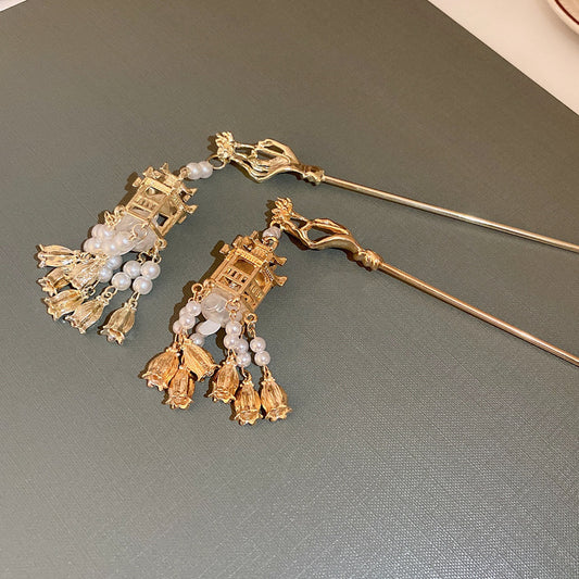 Palace Lamp Glowing Pearl Tassel Hairpin - Copper Alloy