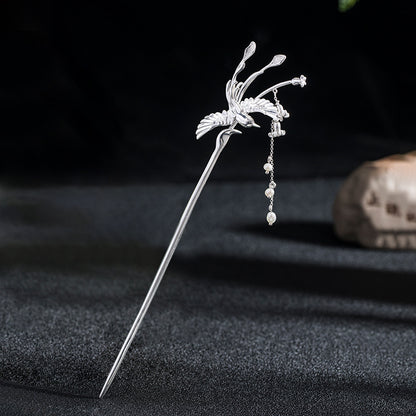 Haarnadel mit fliegendem Vogel, Blume und Perlen - Sterlingsilber