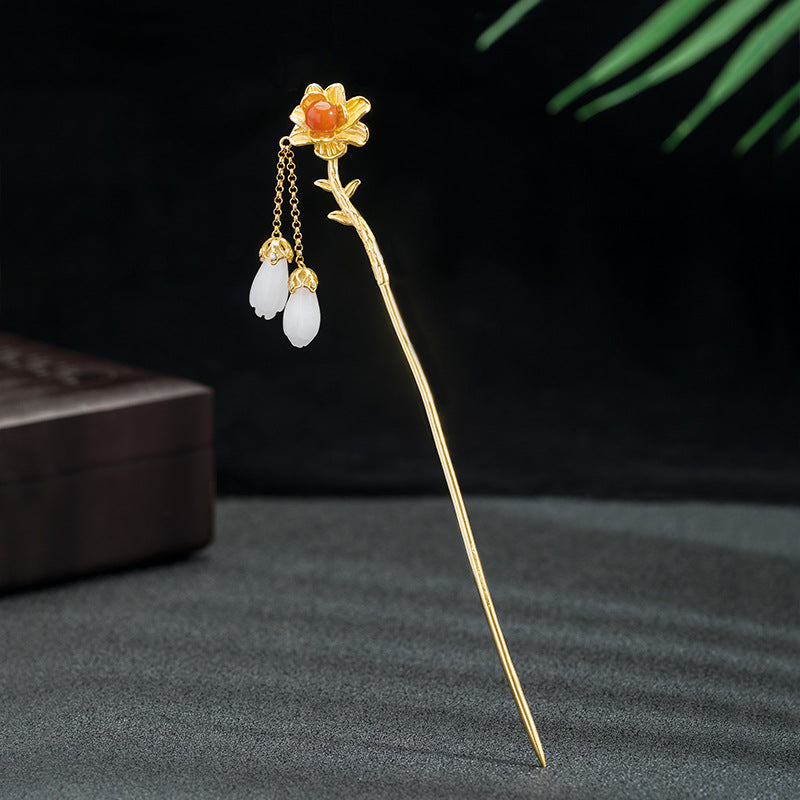 Red Flower and 2 White Magnolia Tassel Hairpin - Sterling Silver