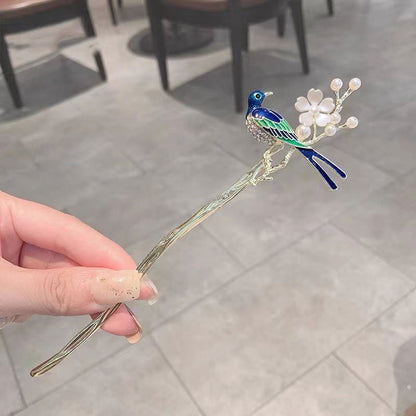 Haarnadel "Zweig Elster Blume Perle" - Legierung
