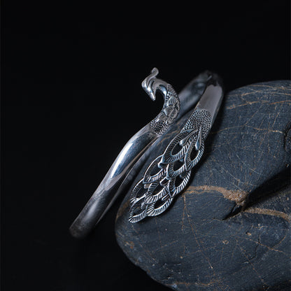 Pfau mit hohler Federöffnung Verstellbares Armband - Sterlingsilber